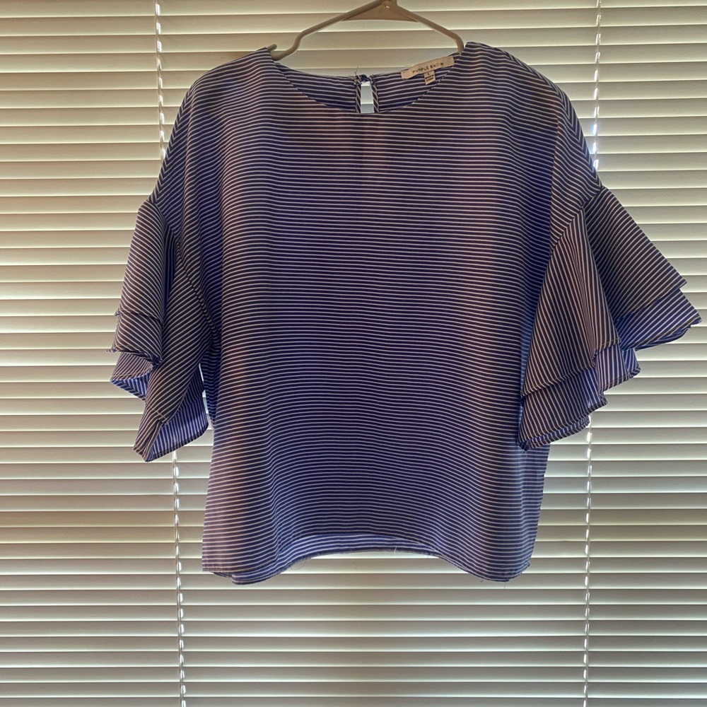 Purple Snow Navy Striped Ruffle Blouse